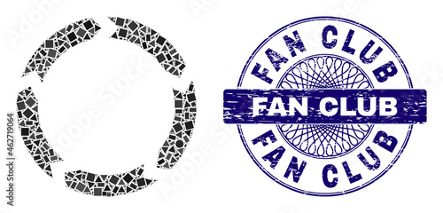 Geometric mosaic circulation, and Fan Club scratched stamp seal. Violet stamp seal includes Fan Club caption inside round form. Vector circulation mosaic is composed from randomized round, triangle,
