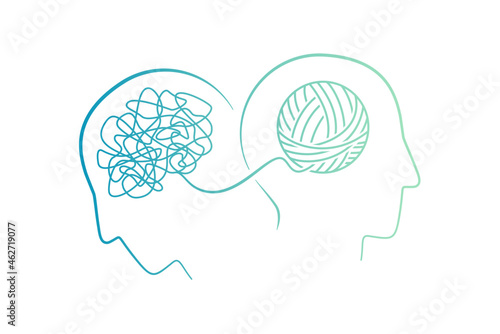 Mental health concept of two heads with brain as continuous line in blue green vector illustration