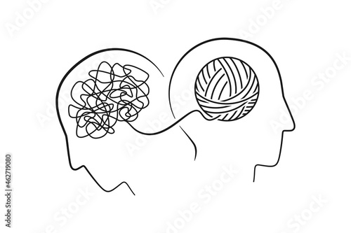 Mental health concept of two heads with brain as continuous line in vector illustration