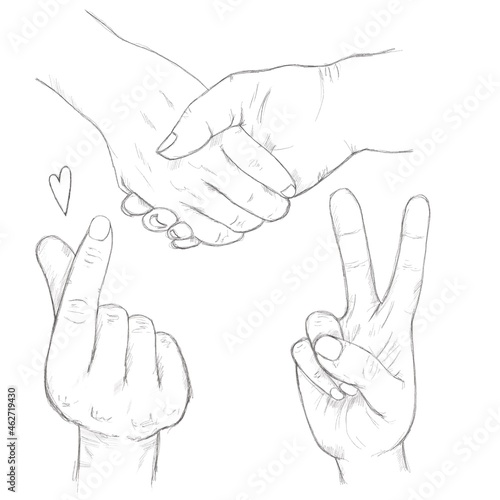 Hand gestures sketches victory, finger heart, holding hand