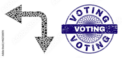 Geometric collage bifurcation arrow left down, and Voting grunge stamp seal. Blue stamp seal contains Voting title inside round shape.