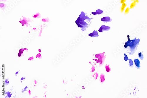 Multicolored cat or dog footprints on white background with space for text. Canine paws marks on the paper surface. Mammal steps. Animals abstract fun backdrop and texture. Funny watercolor drawing.