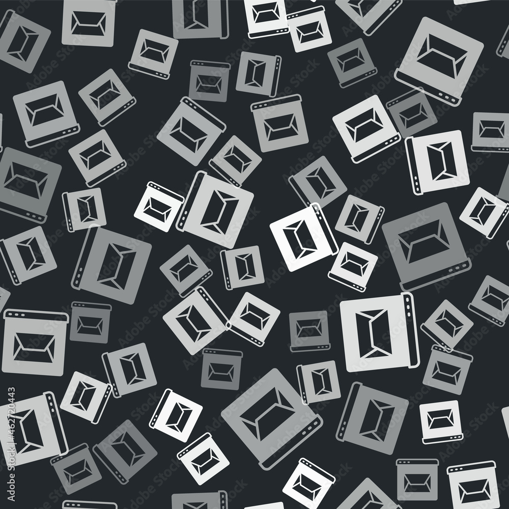 Grey Website and envelope, new message, mail icon isolated seamless pattern on black background. Usage for e-mail newsletters, headers, blog posts. Vector