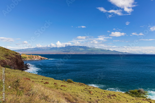 Haleakala volcano and coast from Papawai Point, West Maui Mountains, Maui, Hawaii, USA photo