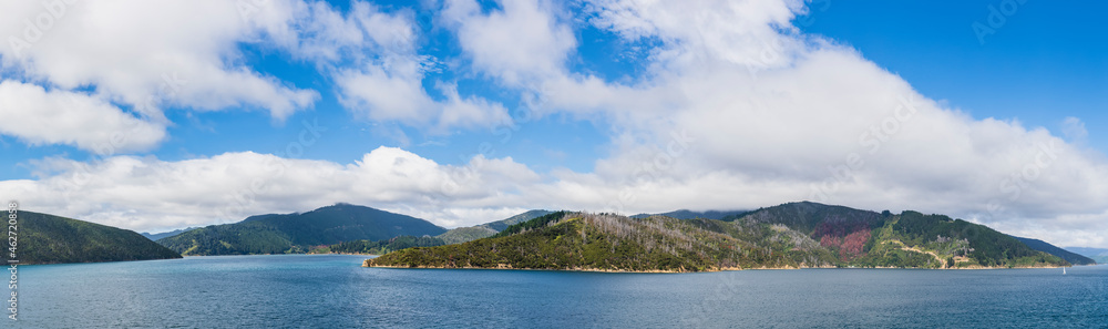 New Zealand, Marlborough Region, Picton, Scenic panorama of white summer clouds over Marlborough Sounds New Zealand, Marlborough Region, Picton, Scenic panorama of white summer clouds over Marlborough Sounds
