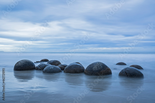 New Zealand, Oceania, South Island, Southland, Hampden, Otago, Moeraki, Koekohe Beach, Moeraki Boulders Beach, Moeraki Boulders, Round stones on beach photo