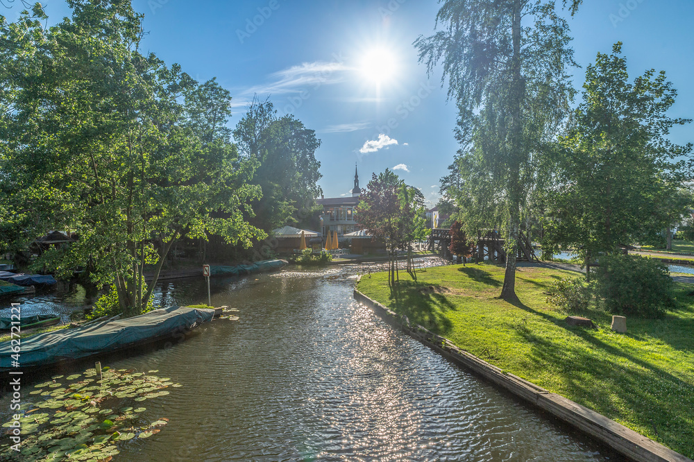 Germany, Luebbenau, view to the harbour at backlight