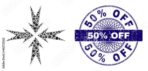 Geometric collage compression arrows, and 50% Off corroded stamp seal. Blue stamp seal contains 50% Off caption inside round form. Vector compression arrows collage is created from randomized circle,