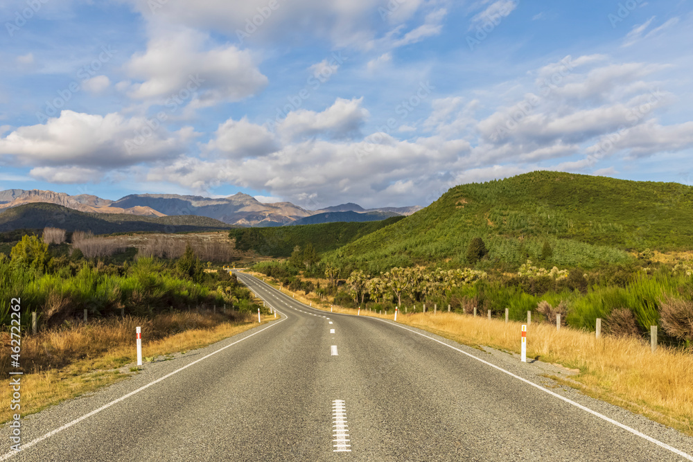 New Zealand, Oceania, South Island, Southland, Fiordland National Park, Empty road in landscape New Zealand, Oceania, South Island, Southland, Fiordland National Park, Empty road in landscape