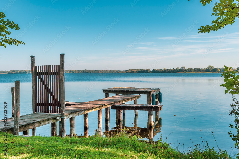 Germany, Mecklenburg-Western Pomerania, Zarrentin, Lauenburg Lakes Nature Park, Lake Schaalsee, wooden boardwalk Germany, Mecklenburg-Western Pomerania, Zarrentin, Lauenburg Lakes Nature Park, Lake Schaalsee, wooden boardwalk