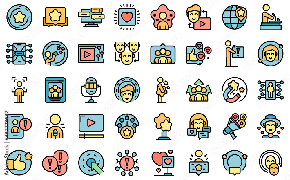 Influencer icons set outline vector. Video subscribe. View content Influencer icons set outline vector. Video subscribe. View content