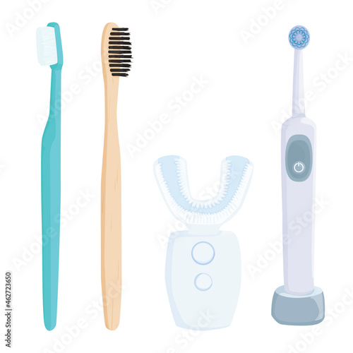set of different toothbrushes isolated on white background. automatic toothbrush, electric toothbrush, wooden toothbrush. eco-friendly bamboo hygiene products. oral hygiene. clean teeth. vector flat.