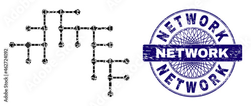 Geometric mosaic binary circuit, and Network unclean seal print. Blue stamp seal contains Network title inside circle shape. Vector binary circuit mosaic is organized with different circle, triangle,