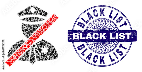 Geometric collage blacklisted police man, and Black List textured seal print. Blue stamp includes Black List tag inside circle shape.
