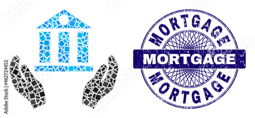 Geometric collage bank service, and Mortgage unclean seal imitation. Blue stamp seal has Mortgage caption inside round form. Vector bank service collage is composed from randomized round, triangle,