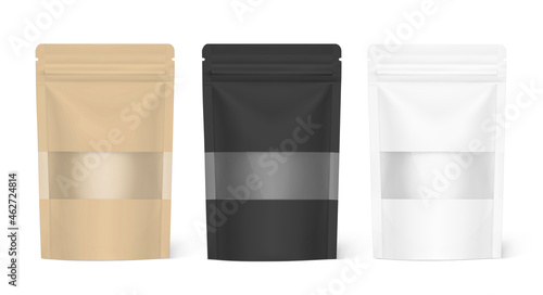 Pouch bag mockups with ziplock and transparent window mockup isolated on white background. Vector illustration. Front view. Can be use for template your design, presentation, promo, ad. EPS10.	