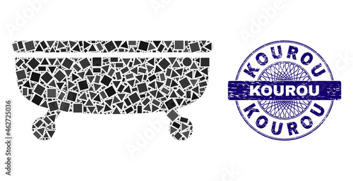 Geometric mosaic Bathtub, and Kourou corroded seal. Violet stamp seal has Kourou tag inside round form. Vector Bathtub mosaic is designed from randomized round, triangle, rectangle items.