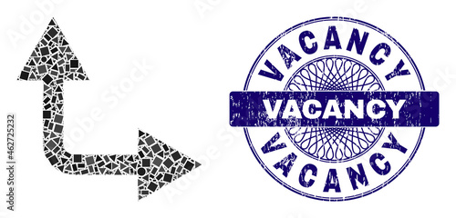 Geometric collage bifurcation arrow right up, and Vacancy textured stamp seal. Blue stamp has Vacancy title inside round shape.