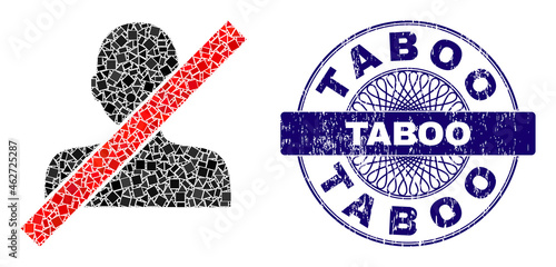 Geometric mosaic closed man, and Taboo rubber stamp seal. Violet stamp has Taboo title inside round shape. Vector closed man mosaic is designed from scattered circle, triangle, rectangular elements.