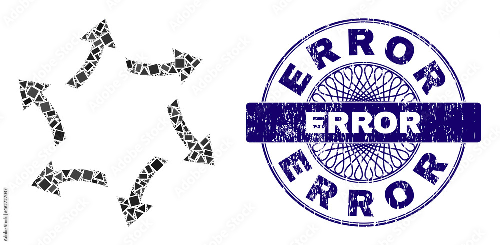 Fototapeta premium Geometric collage centrifugal arrows, and Error corroded stamp seal. Violet stamp seal has Error text inside circle form. Vector centrifugal arrows collage is organized of randomized circle, triangle,