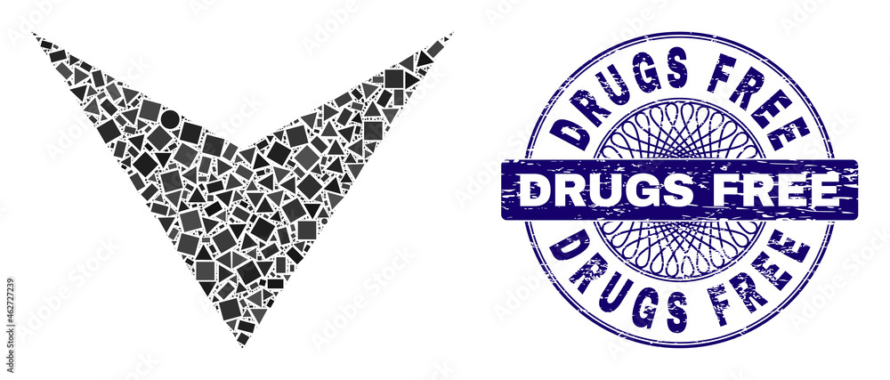 Geometric collage arrowhead down, and Drugs Free grunge stamp. Blue stamp includes Drugs Free tag inside round form. Vector arrowhead down collage is constructed of randomized round, triangle,