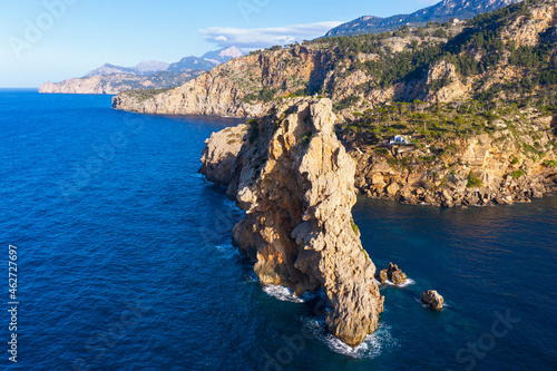 Spain, Mallorca, Deia, Drone view of Sa Foradada peninsula in summer photo