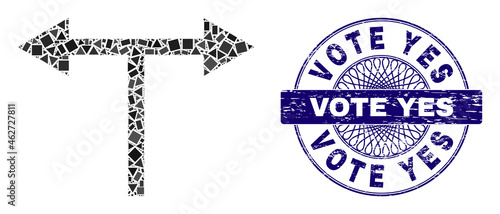 Geometric collage bifurcation arrows left right, and Vote Yes corroded stamp seal. Blue stamp seal includes Vote Yes tag inside circle shape.