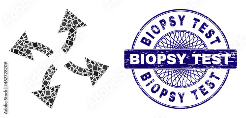 Geometric mosaic centrifugal arrows, and Biopsy Test scratched seal imitation. Blue seal includes Biopsy Test text inside round shape.