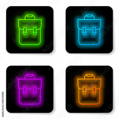 Glowing neon line School backpack icon isolated on white background. Black square button. Vector