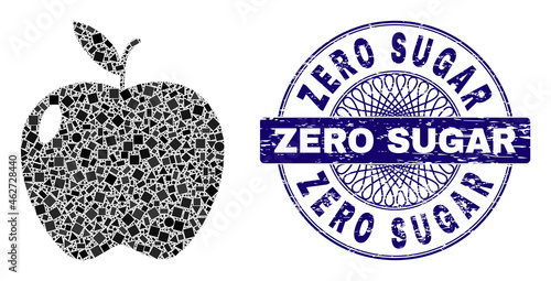 Geometric collage apple fruit, and Zero Sugar grunge stamp. Blue stamp seal includes Zero Sugar caption inside circle shape. Vector apple fruit collage is organized of randomized circle, triangle,