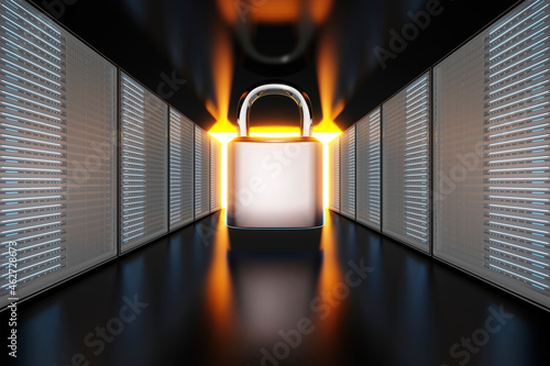 Security padlock between server tower photo