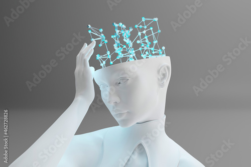 Three dimensional render ofÔøΩgynoidÔøΩtouching digital brain representing machine learning and artificial intelligence photo