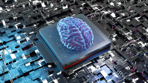 Illustration of three dimensional human brain on circuit board photo