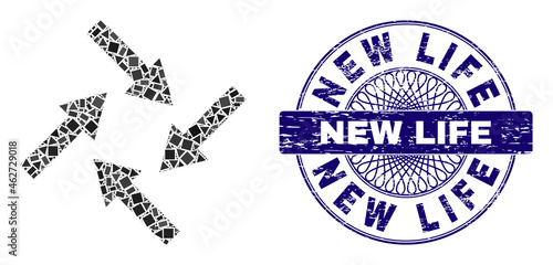 Geometric mosaic centripetal arrows, and New Life unclean watermark. Violet seal contains New Life title inside round form. Vector centripetal arrows mosaic is formed with random round, triangle,