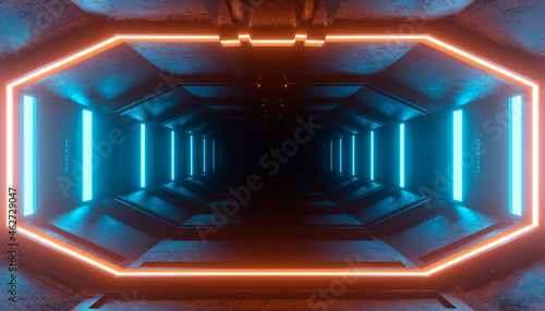 Three dimensional render of futuristic corridor inside spaceship or space station photo