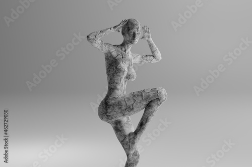 3D illustration of dancing female character made out of concrete photo