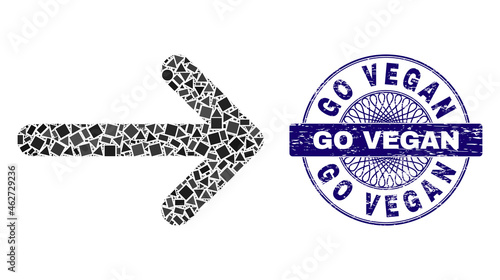 Geometric mosaic arrow right, and Go Vegan scratched stamp seal. Violet seal contains Go Vegan text inside circle form. Vector arrow right mosaic is made from scattered circle, triangle,