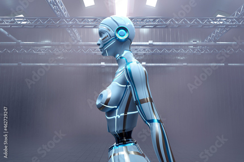 Three dimensional render of gynoid standing inside empty warehouse photo