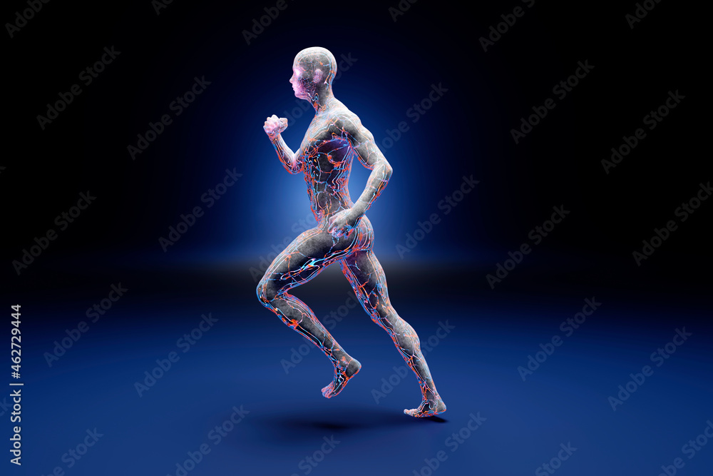 3D illustration male sporty runner made out of concrete and flowing energy against blue background 3D illustration male sporty runner made out of concrete and flowing energy against blue background