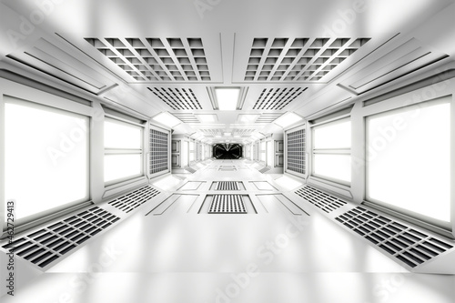3D rendered illustration of empty illuminated white spaceship corridor