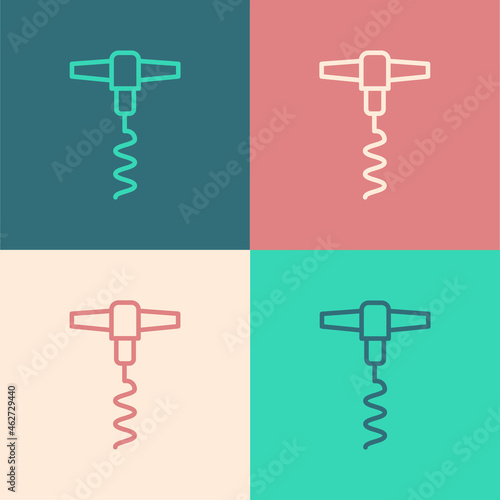 Pop art line Wine corkscrew icon isolated on color background. Vector