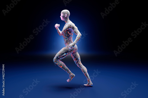 3D illustration male sporty runner made out of concrete and flowing energy against blue background photo