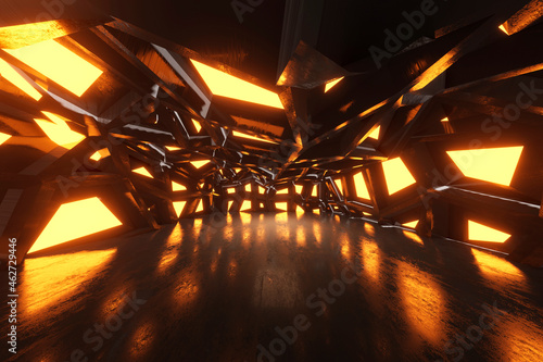 Three dimensional render of bizarre corridor inside spaceship or space station