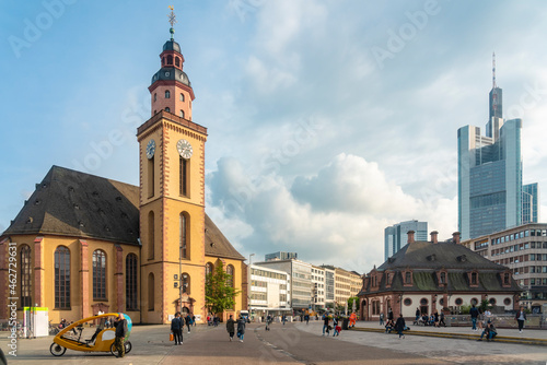 Germany, Frankfurt, Hauptwache, Low angle view of Saint Katherinen Church and financial district photo