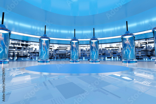 Three dimensional render of futuristic human cloning facility