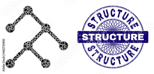 Geometric mosaic binary structure, and Structure grunge seal imitation. Blue seal includes Structure text inside round shape. Vector binary structure mosaic is organized of scattered spheric,