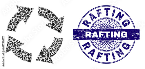 Geometric mosaic circulation, and Rafting dirty stamp seal. Violet stamp contains Rafting tag inside circle form. Vector circulation mosaic is created with scattered circle, triangle, rectangle items.
