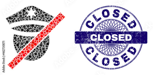 Geometric mosaic closed police, and Closed unclean seal imitation. Blue stamp seal includes Closed caption inside round shape. Vector closed police mosaic is done from randomized circle, triangle,