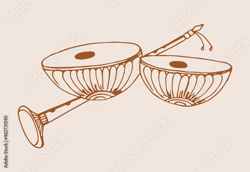 Sketch of Indian traditional music instruments like Shehnai, Dol, Tabla photo