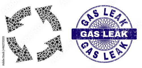 Geometric collage circulation, and Gas Leak rubber stamp seal. Violet seal has Gas Leak title inside circle shape. Vector circulation collage is composed of random circle, triangle, rectangle items.
